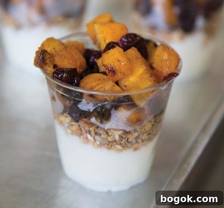 Yogurt Parfait with Butternut Squash, Dried Cranberries, and Granola