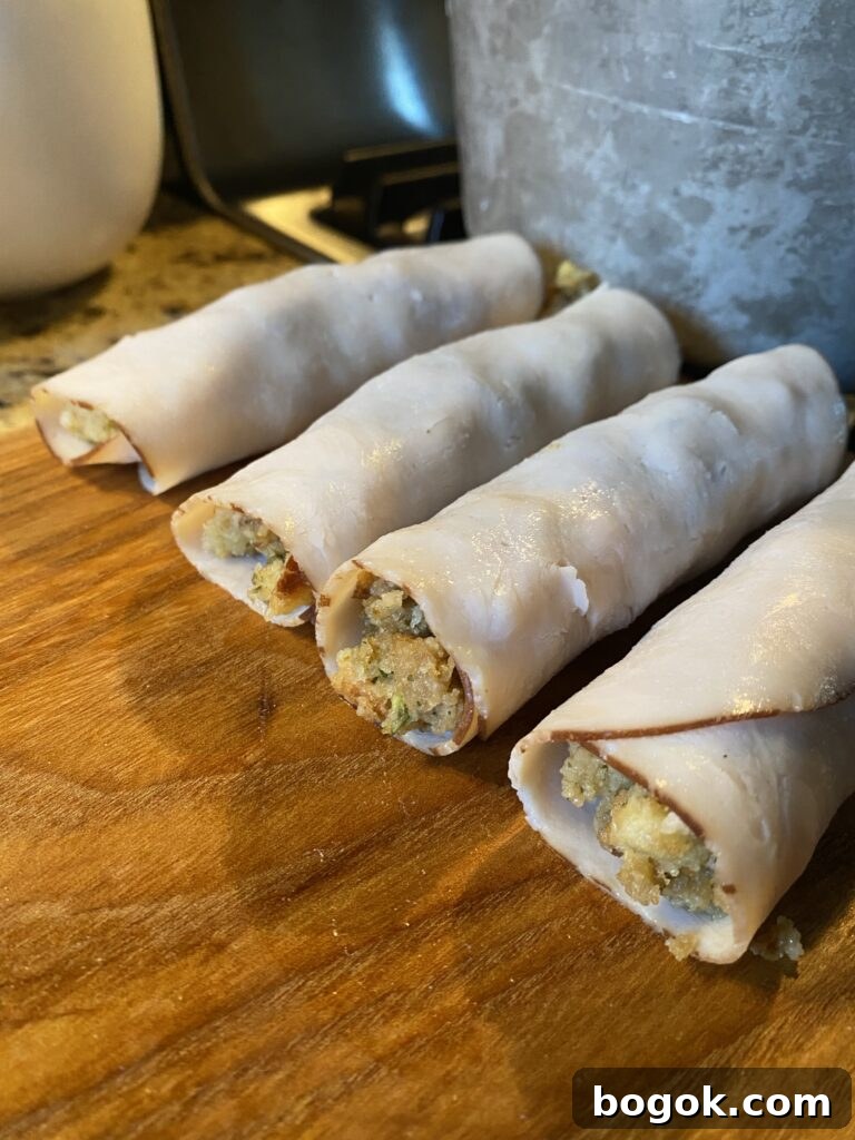Deli turkey slices wrapped around stuffing