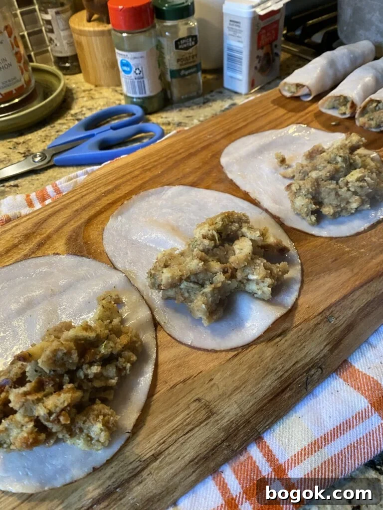 Slices of deli turkey with stuffing on top