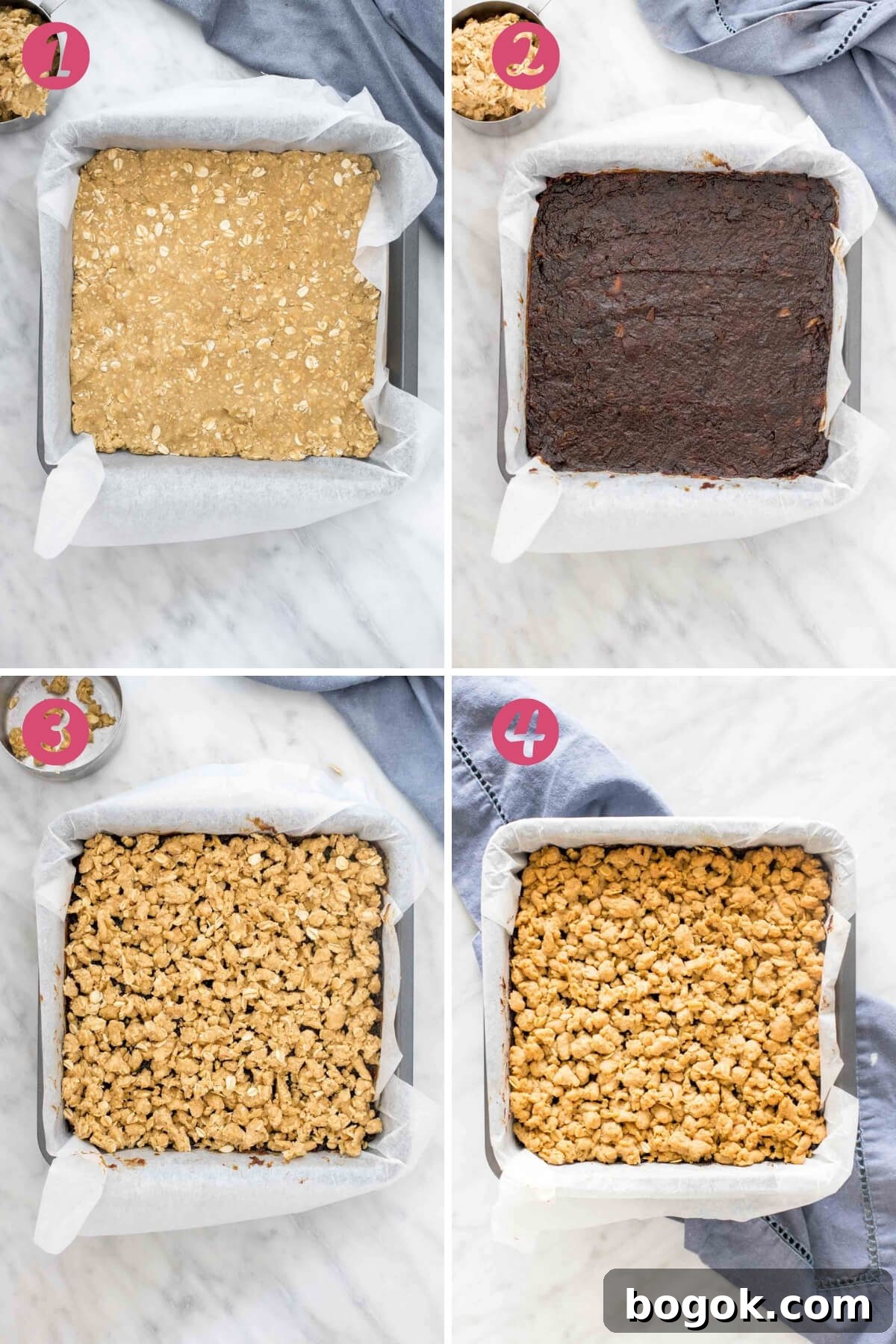 4 step by step photos of making date squares.