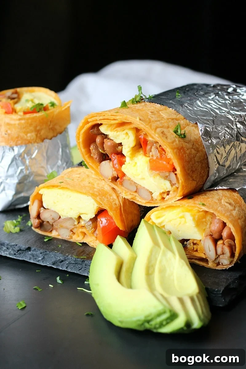 Spicy Ranchero Bean Breakfast Burrito Recipe 4 Ranchero Beans Breakfast Burritos wrapped in aluminum foil