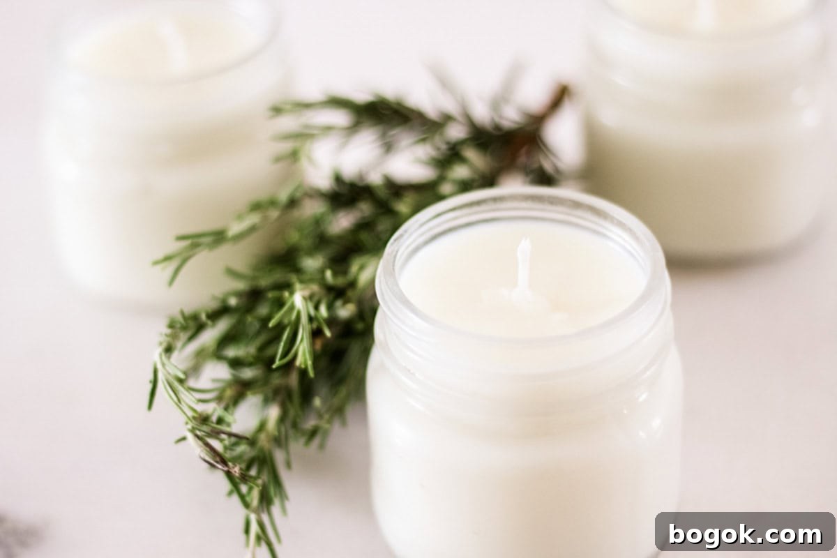 Rosemary mint soy candles and evergreen cuttings.