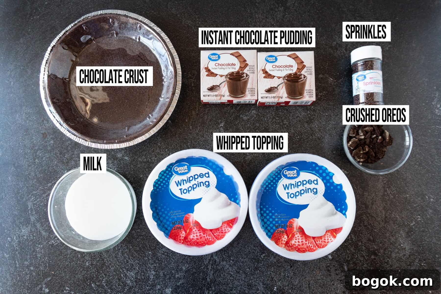 Chocolate Pudding Pie Ingredients laid out and labeled.