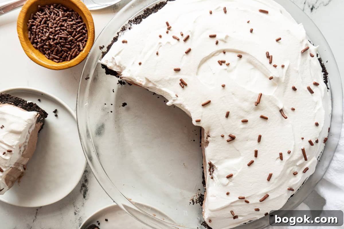 Chocolate pudding pie in a pie dish, showing the top of the pie sprinkled with chocolate sprinkles.