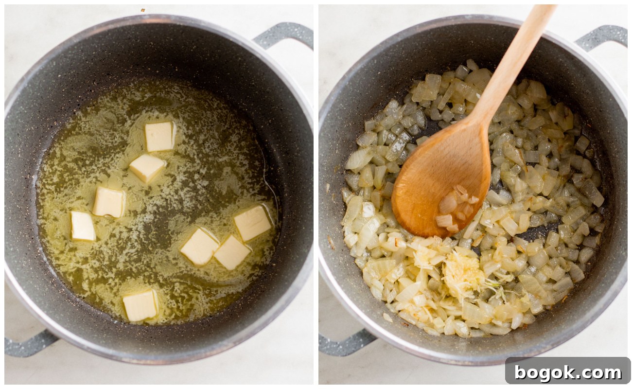 starting the sauce with butter, onions, and garlic