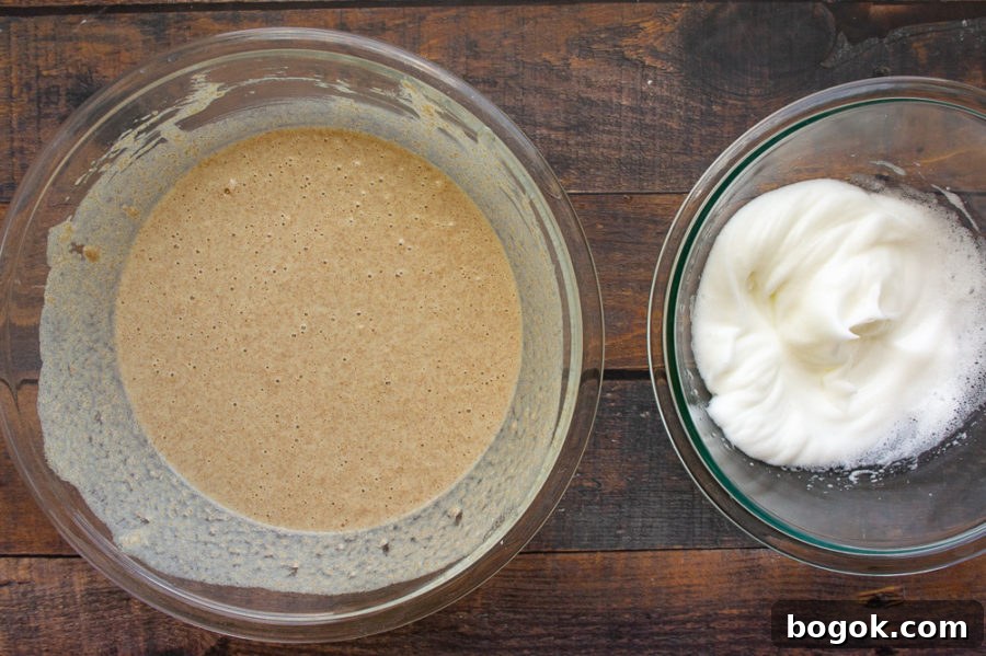 a bowl of whole wheat waffle batter and a bowl of whipped egg whites