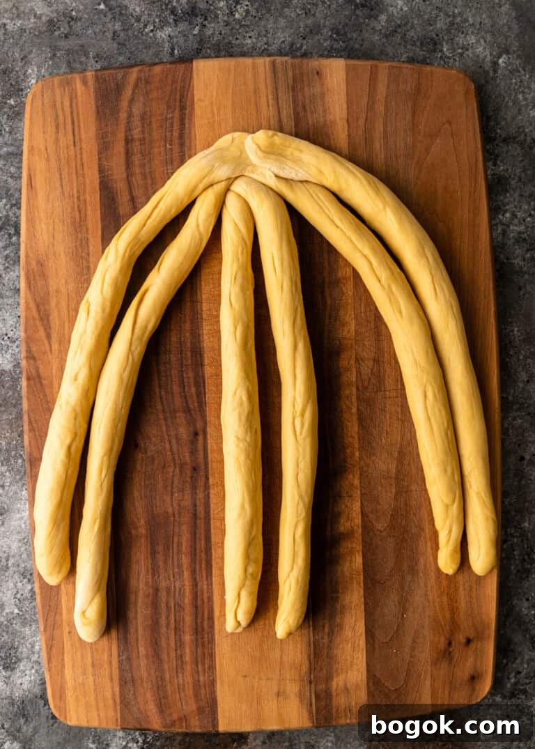 Authentic Challah Recipe: Soft, Braided Jewish Bread Tutorial 11 overhead process shot: dough rolled into six equal ropes tapered edges in the middle divided in 3 sections (2 ropes in each section)