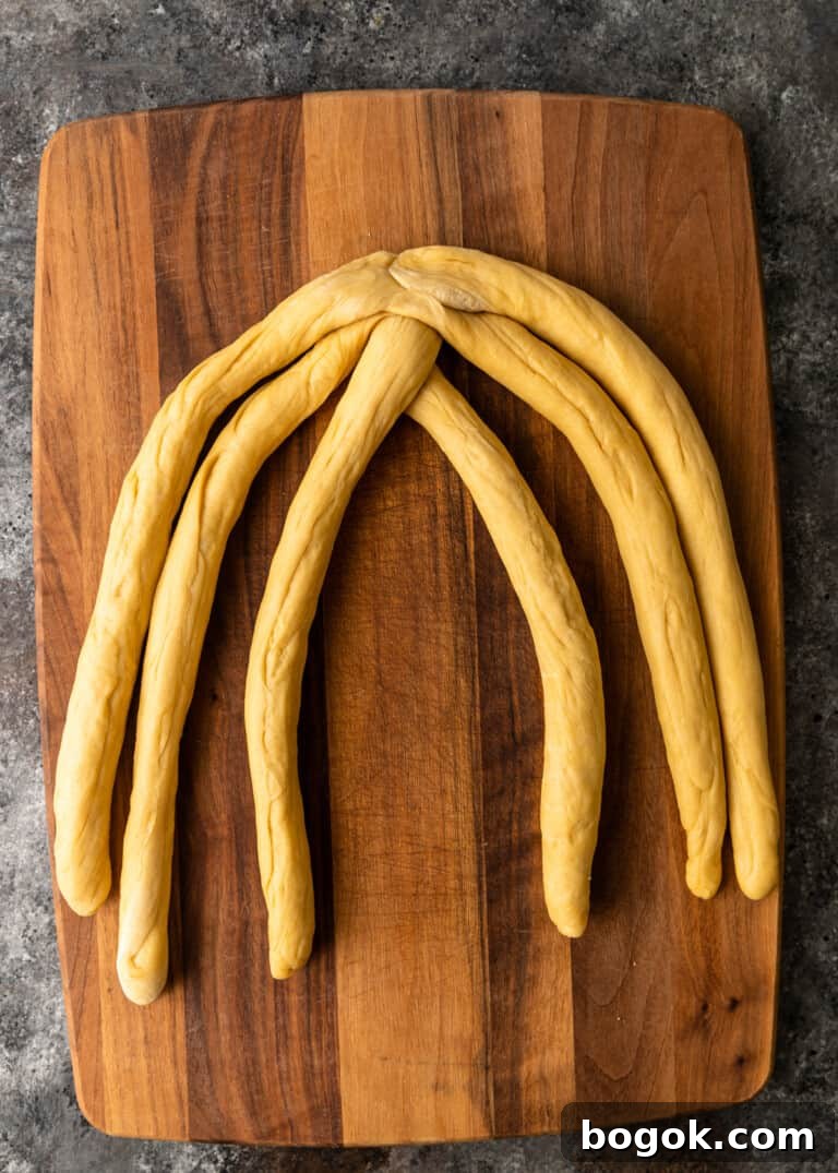 Authentic Challah Recipe: Soft, Braided Jewish Bread Tutorial 12 overhead process shot: dough rolled into six equal ropes tapered edges in the middle divided in 2 sections (3 ropes in each section) starting the braiding process