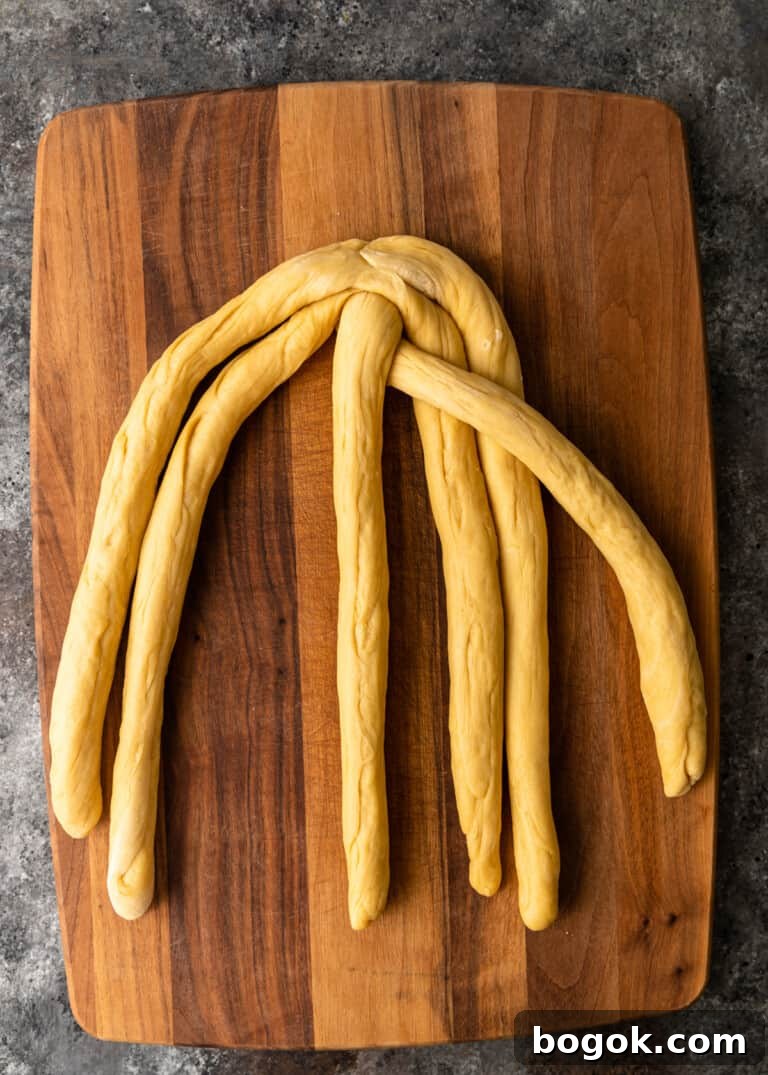 Authentic Challah Recipe: Soft, Braided Jewish Bread Tutorial 13 overhead process shot: dough rolled into six equal ropes tapered edges in the middle starting the braiding process on cutting board
