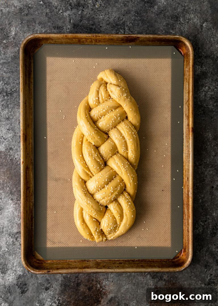 Authentic Challah Recipe: Soft, Braided Jewish Bread Tutorial 20 overhead titled image (and shown) braided, egg washed, sesame seeds