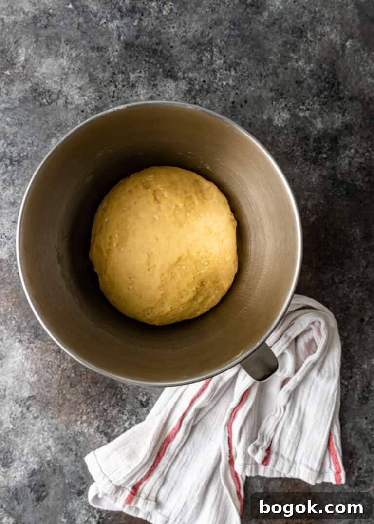 Authentic Challah Recipe: Soft, Braided Jewish Bread Tutorial 6 overhead process shot titled image (and shown) 1st rise