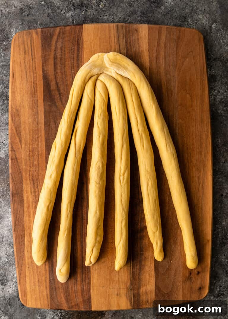 Authentic Challah Recipe: Soft, Braided Jewish Bread Tutorial 10 overhead process shot: dough rolled into six equal ropes tapered edges in the middle