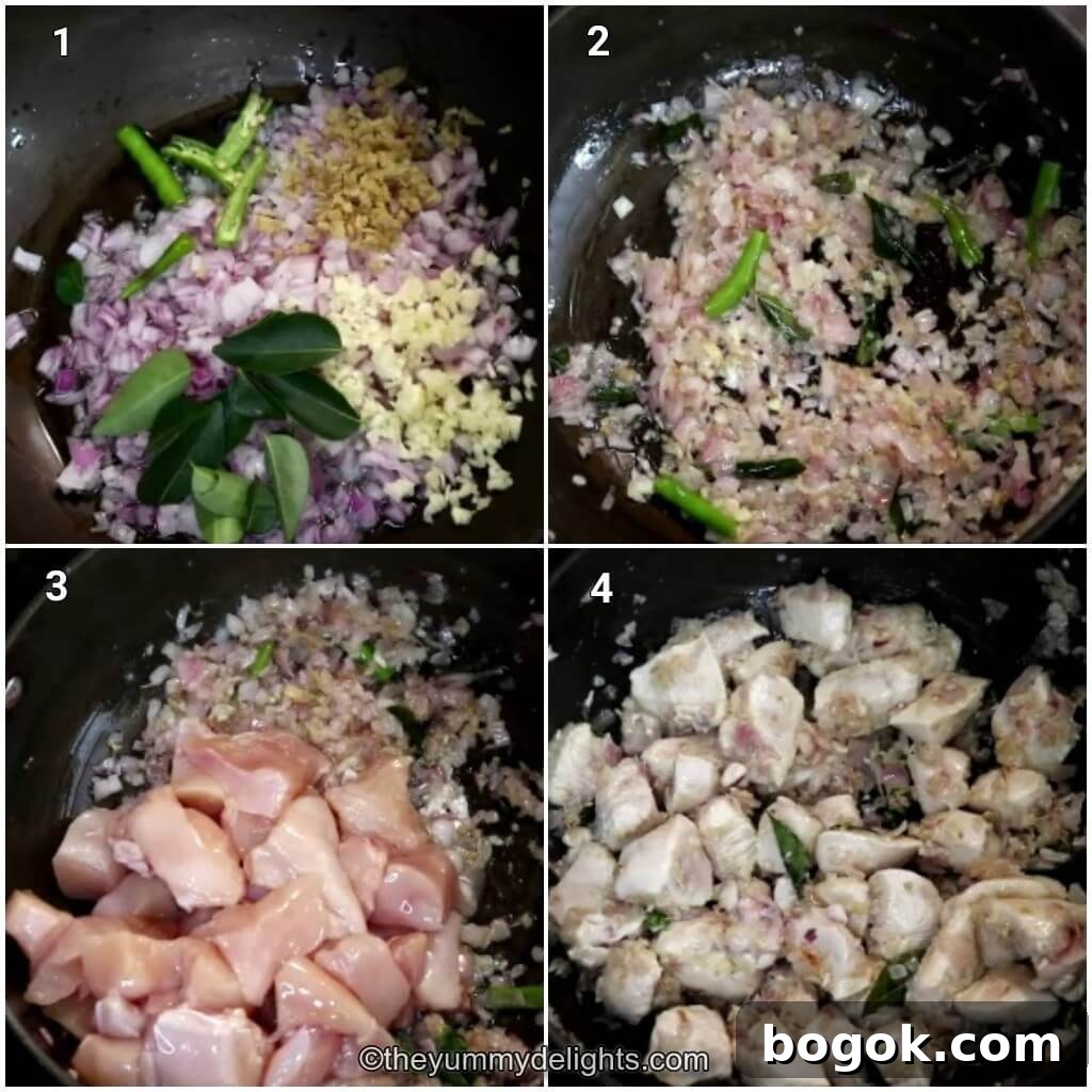 Authentic Madras Chicken Curry Recipe — Spicy South Indian Style 3 Collage image of 4 steps showing how to make Madras chicken. It shows sauteing onion, ginger, garlic, and green chilies. It also shows addition of chicken and sauteing it.