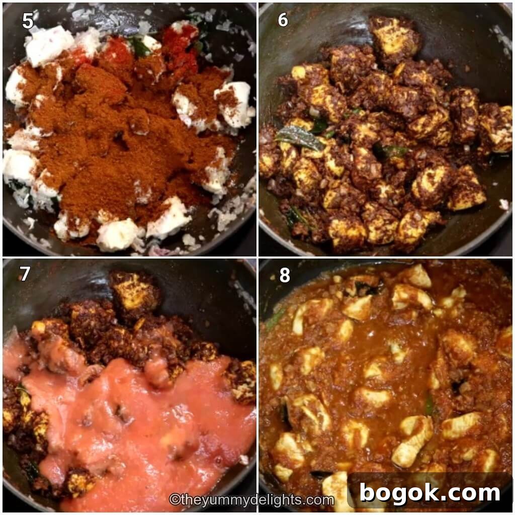 Authentic Madras Chicken Curry Recipe — Spicy South Indian Style 4 Collage image of 4 steps showing how to make Madras chicken curry. It shows addition of Madras curry powder, sauteing chicken, addition of tomato puree and cooking it.