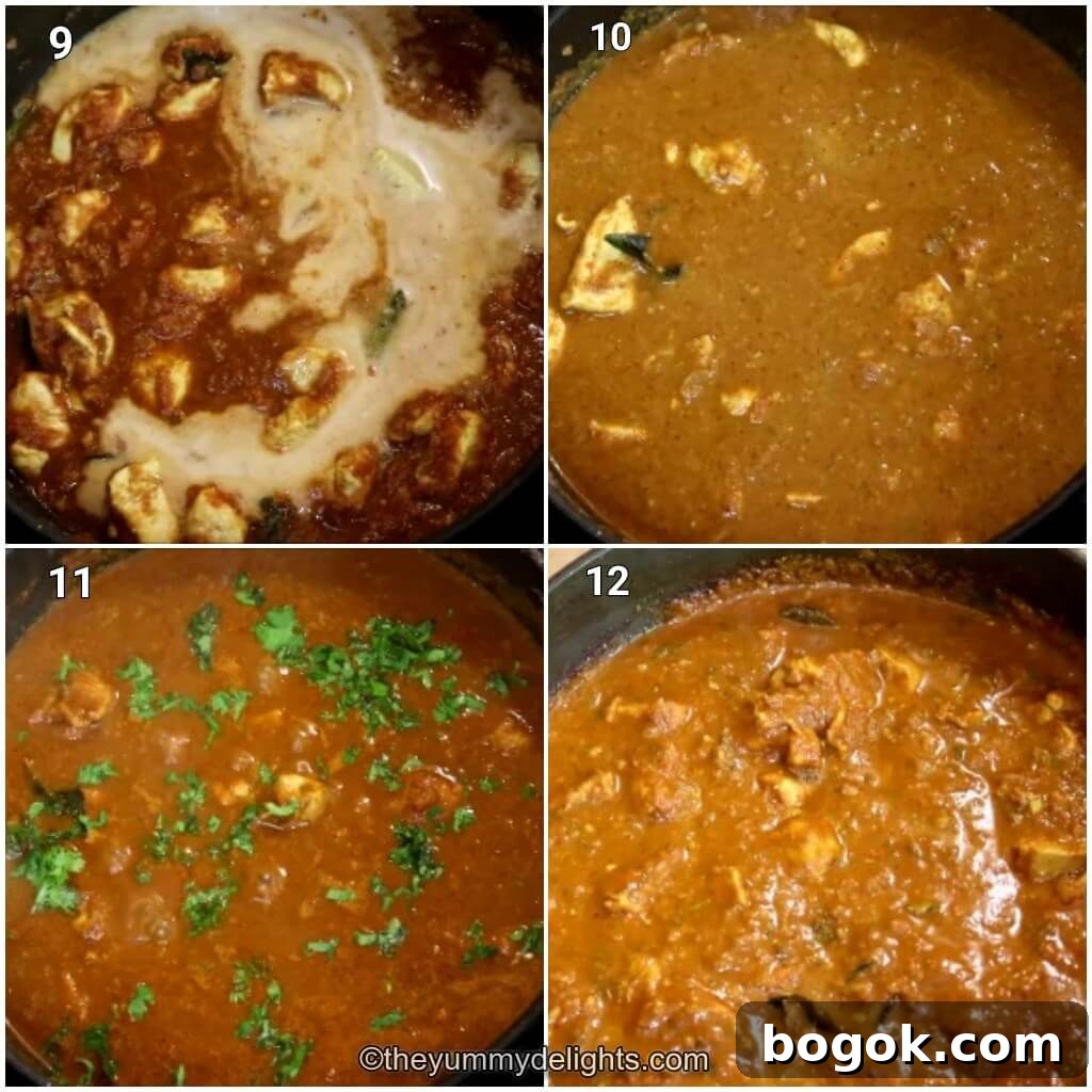 Authentic Madras Chicken Curry Recipe — Spicy South Indian Style 5 Collage image of 4 steps showing how to make Madras chicken curry. It shows addition of coconut milk and cooking the Madras curry.