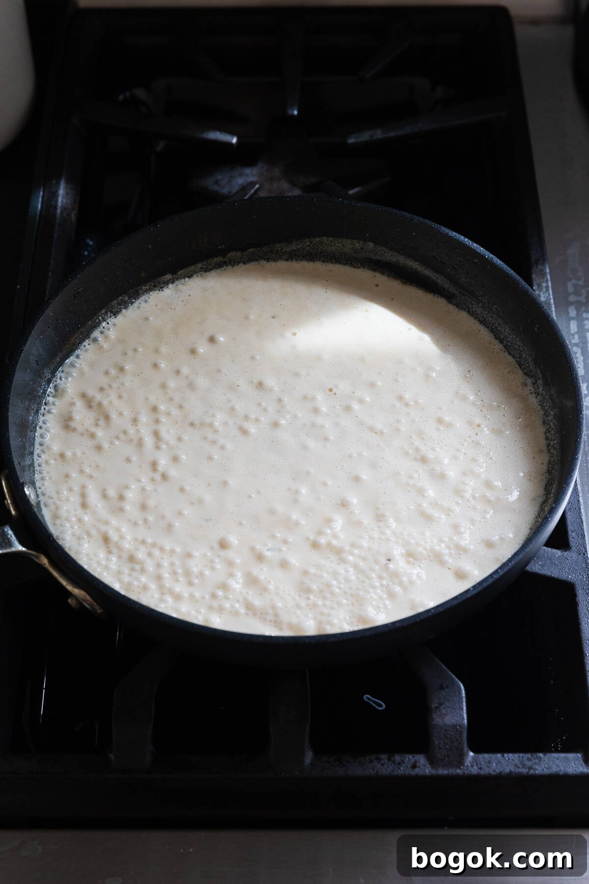 Lighter Chicken Fettuccine Alfredo Recipe (Olive Garden Style) 7 Simmering alfredo sauce in a large skillet.