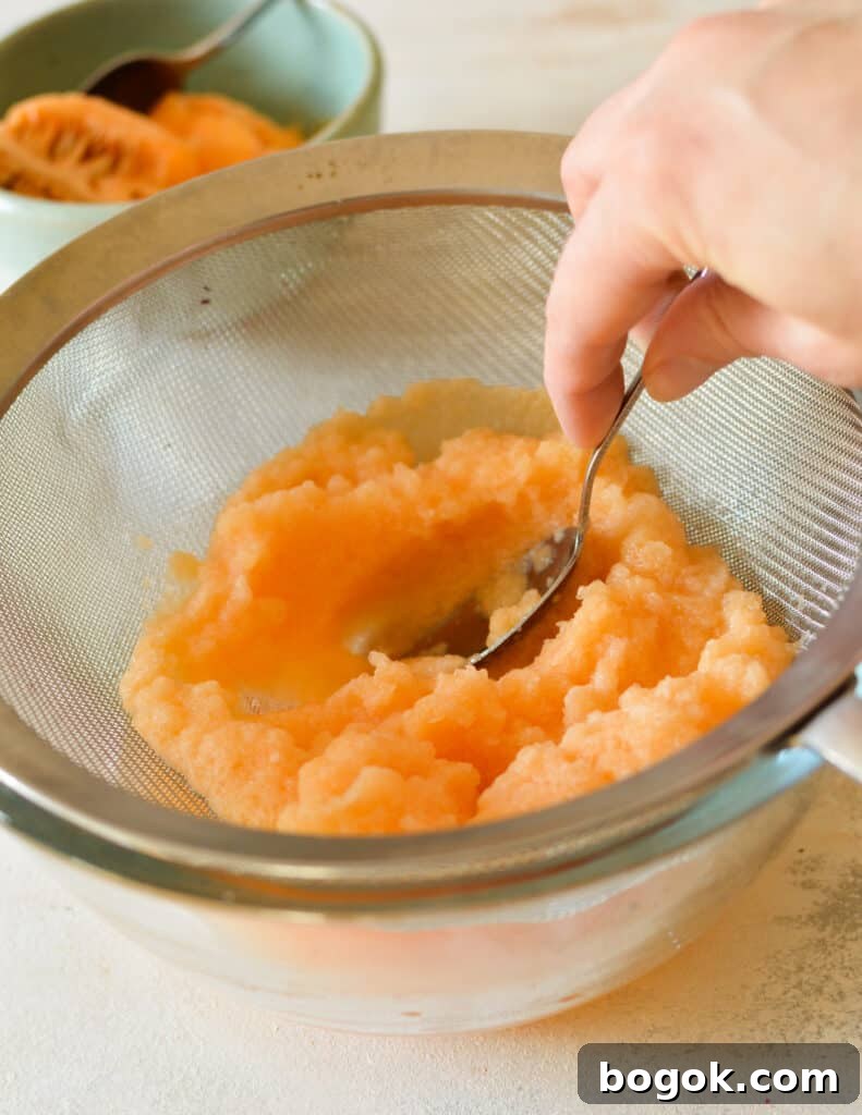 Refreshing Cantaloupe Juice Recipe: Cold, Natural & Delicious 15 spoon pushing against cantaloupe puree.