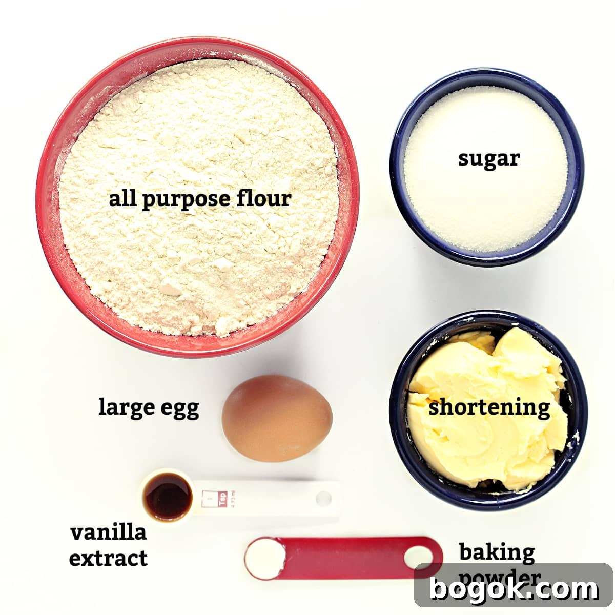 Ingredients labeled: flour, sugar, egg, shortening, vanilla, baking powder.