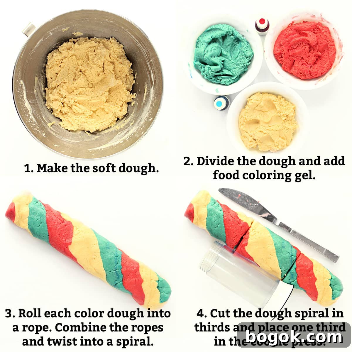 Instructions labeled: make dough, add color, make dough log and twist, cut dough in thirds.