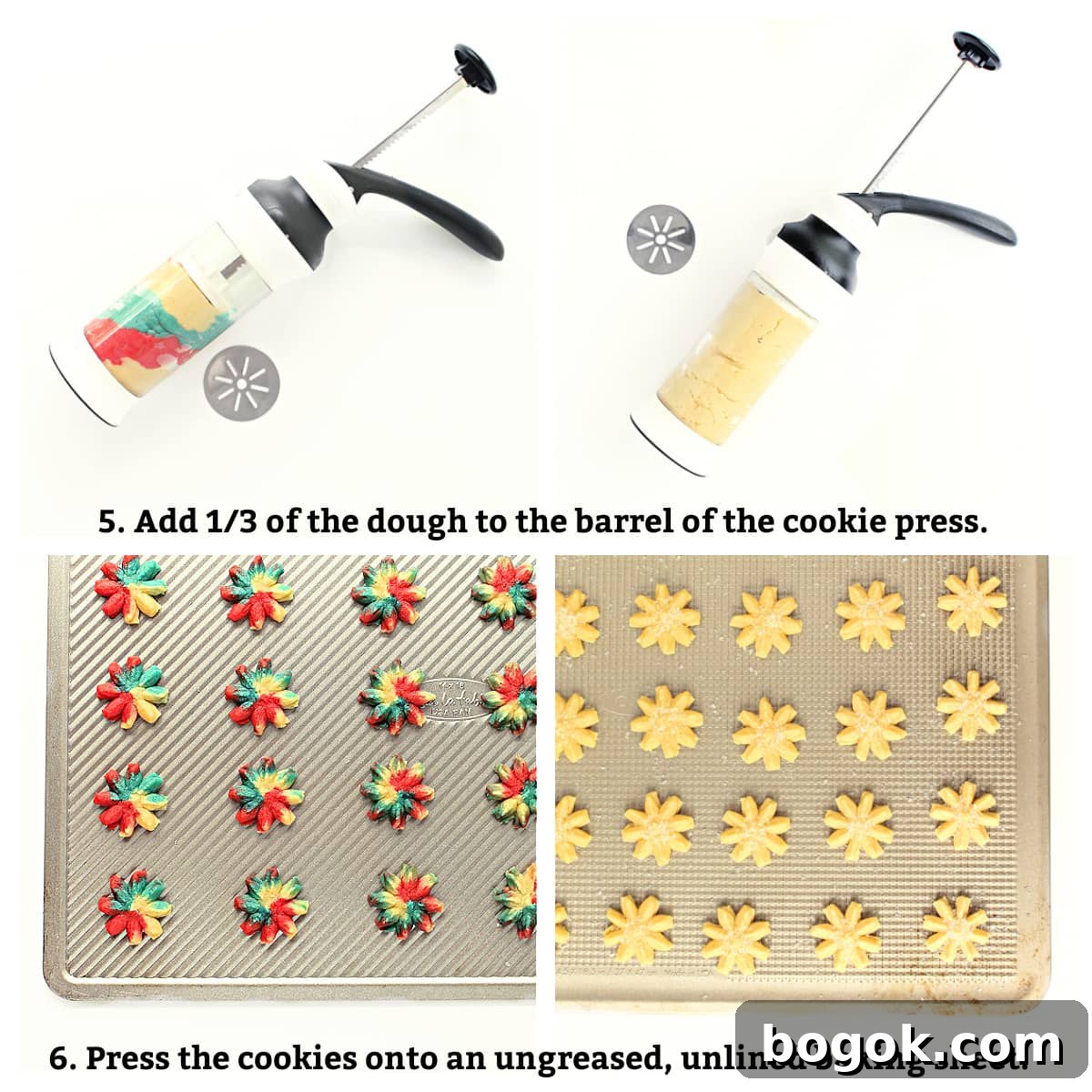 Instructions labeled: add ⅓ dough to cookie press, press cookies onto ungreased baking sheet.