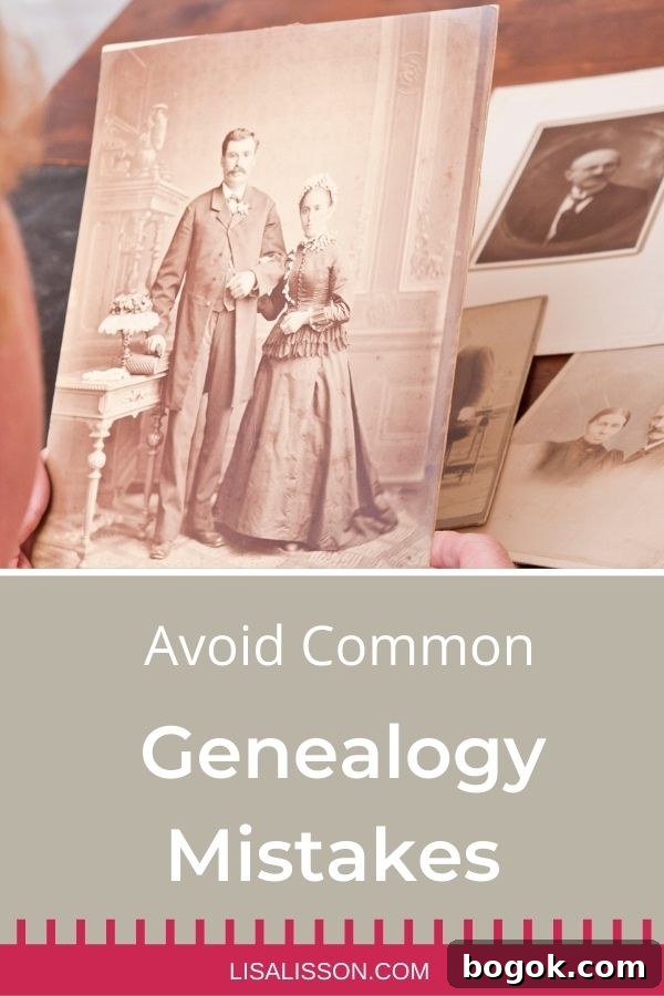 4 Common Genealogy Mistakes and How to Fix Them 2 hand holding old family phot of man and woman. Tan box with whtie text reading Avoid genealogy mistakes