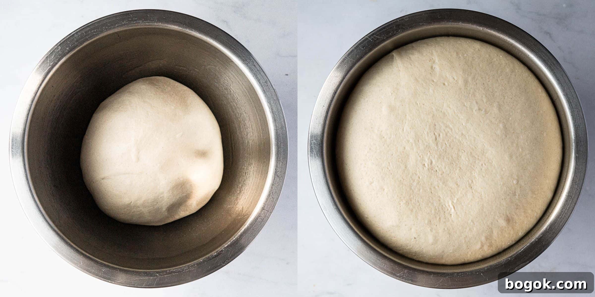 Step 2, a two image collage of the dough before and after rising.