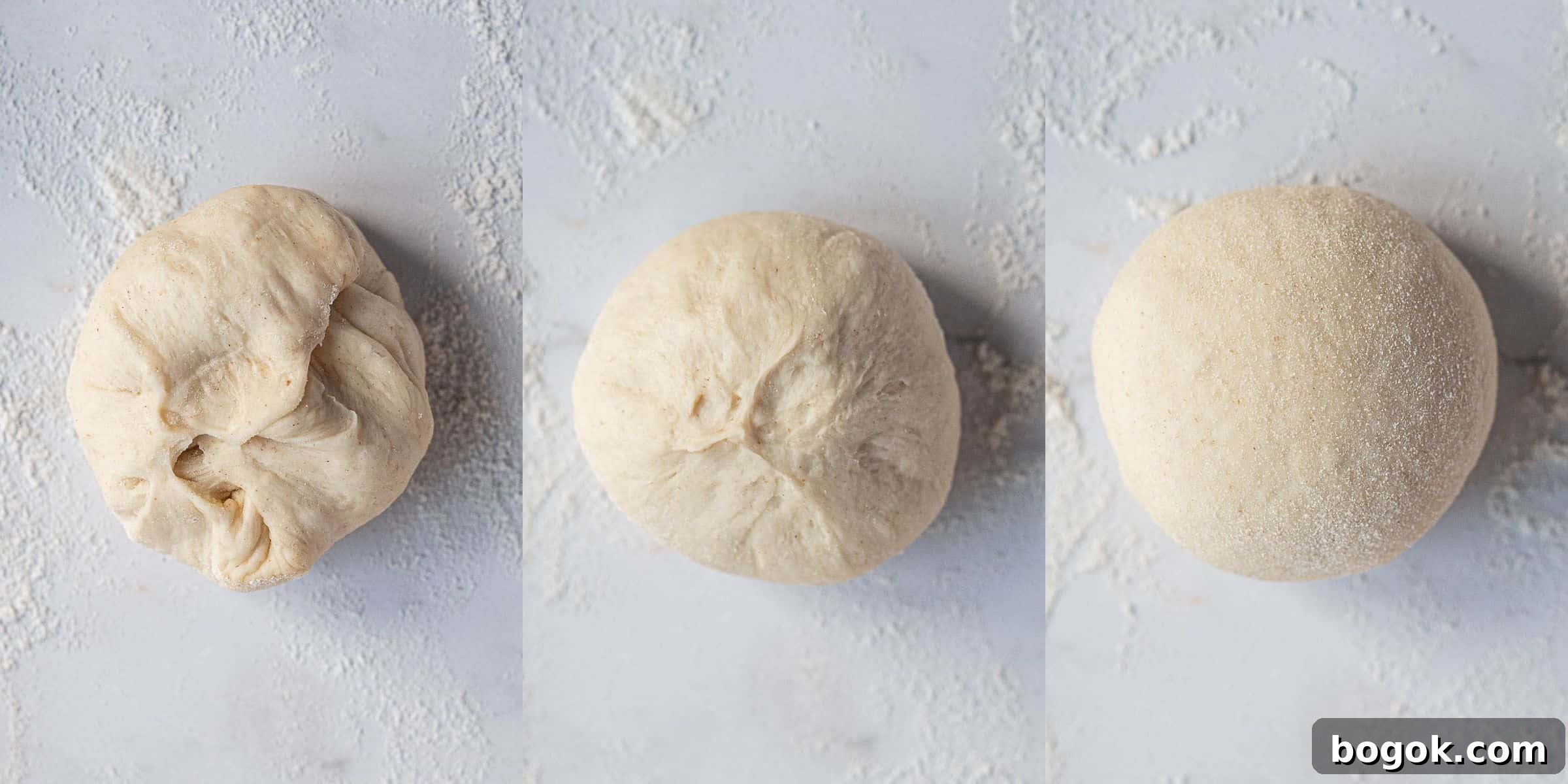 Step 4, a three image collage of shaping the pieces of dough into balls.