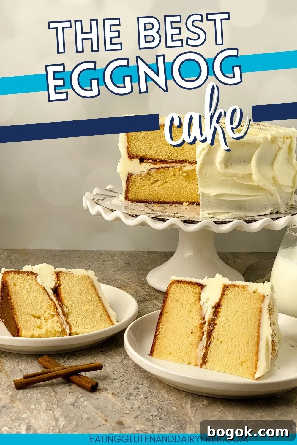Eggnog cake with text overlay.