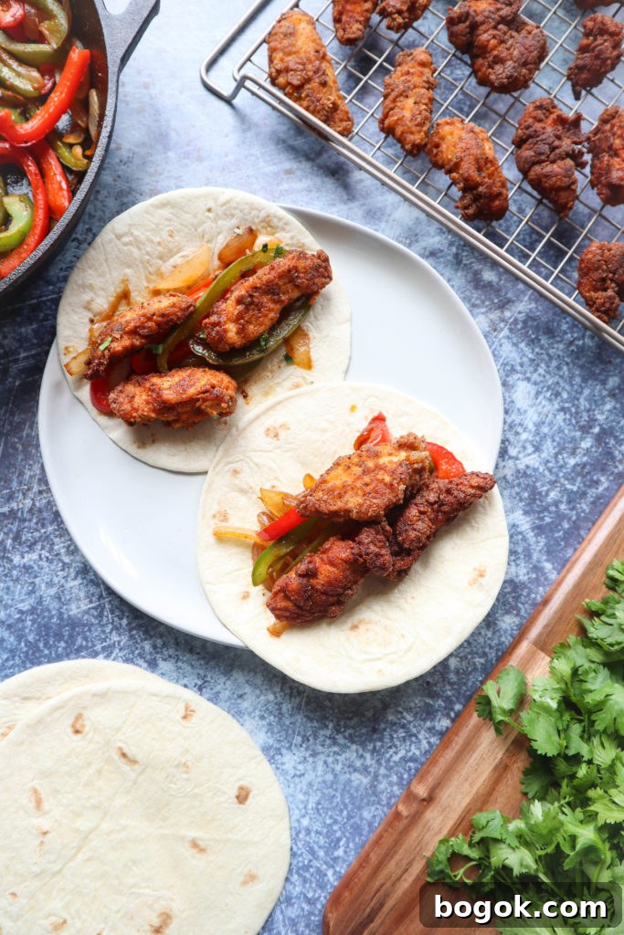 Crispy Chicken Fajitas Recipe with Peppers and Onions 3 Fried chicken fajitas with peppers and onions