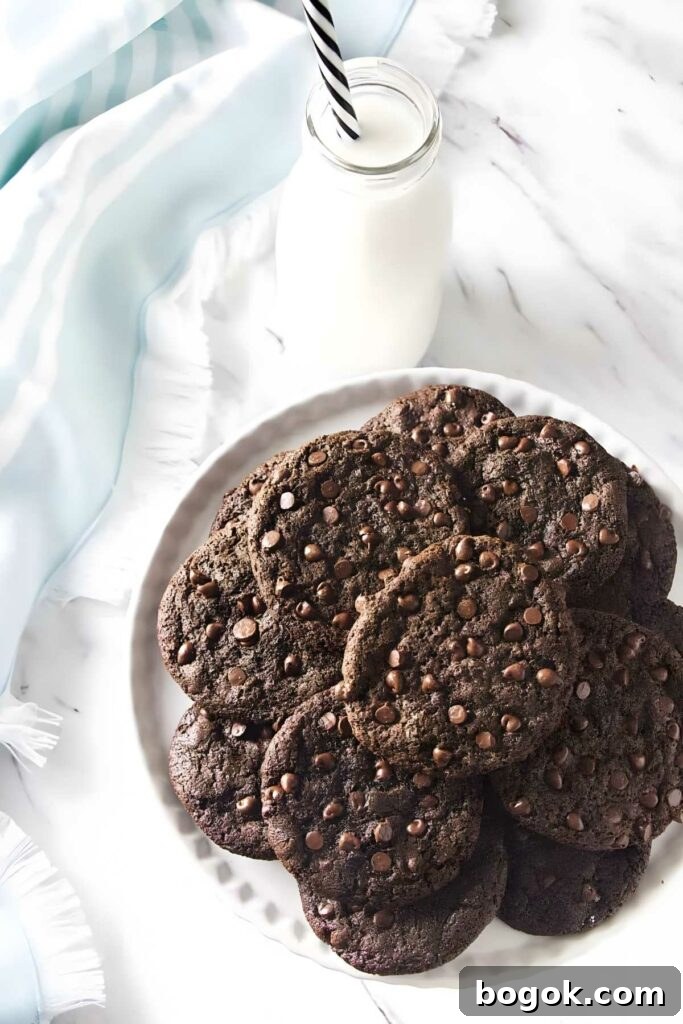 Plate of crispy thin chocolate cookies with milk and striped straw nearby.