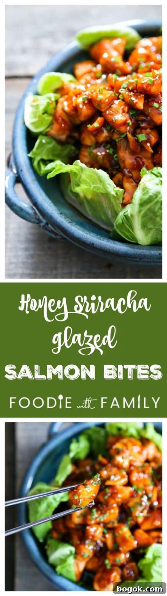Honey Sriracha Glazed Salmon Bites: Tender salmon tossed in a sticky, sweet, spicy mahogany sauce. Serve in lettuce wraps, or on hot rice.