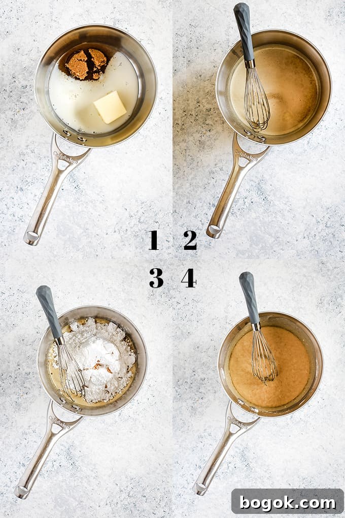 This Homemade Caramel Icing recipes takes just seven minutes to prepare and uses only five ingredients. EASY. If you can use a whisk, you'll be an icing expert for sure. Step by step photos of how to make Homemade Caramel Icing in a saucepan with a whisk on a speckled background.