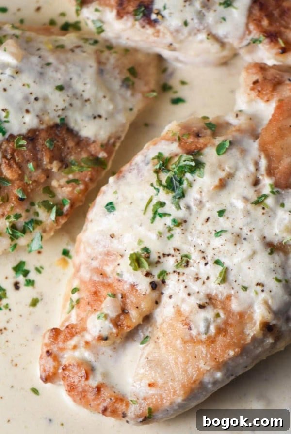 Boursin-Stuffed Mushrooms with Garlic and Herbs 10 Creamy Boursin chicken on a plate with parsley.