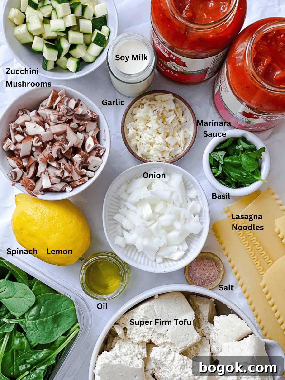 ingredients for Vegan Lasagna on white surface