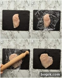 4 step by step photos showing how to pound chicken breast