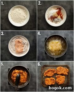 6 step by step photos showing how to make buffalo fried chicken