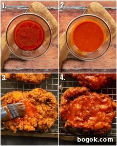 4 step by step photos showing how to glaze buffalo chicken