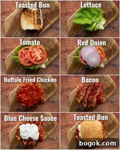 8 step by step photos showing buffalo chicken sandwich toppings
