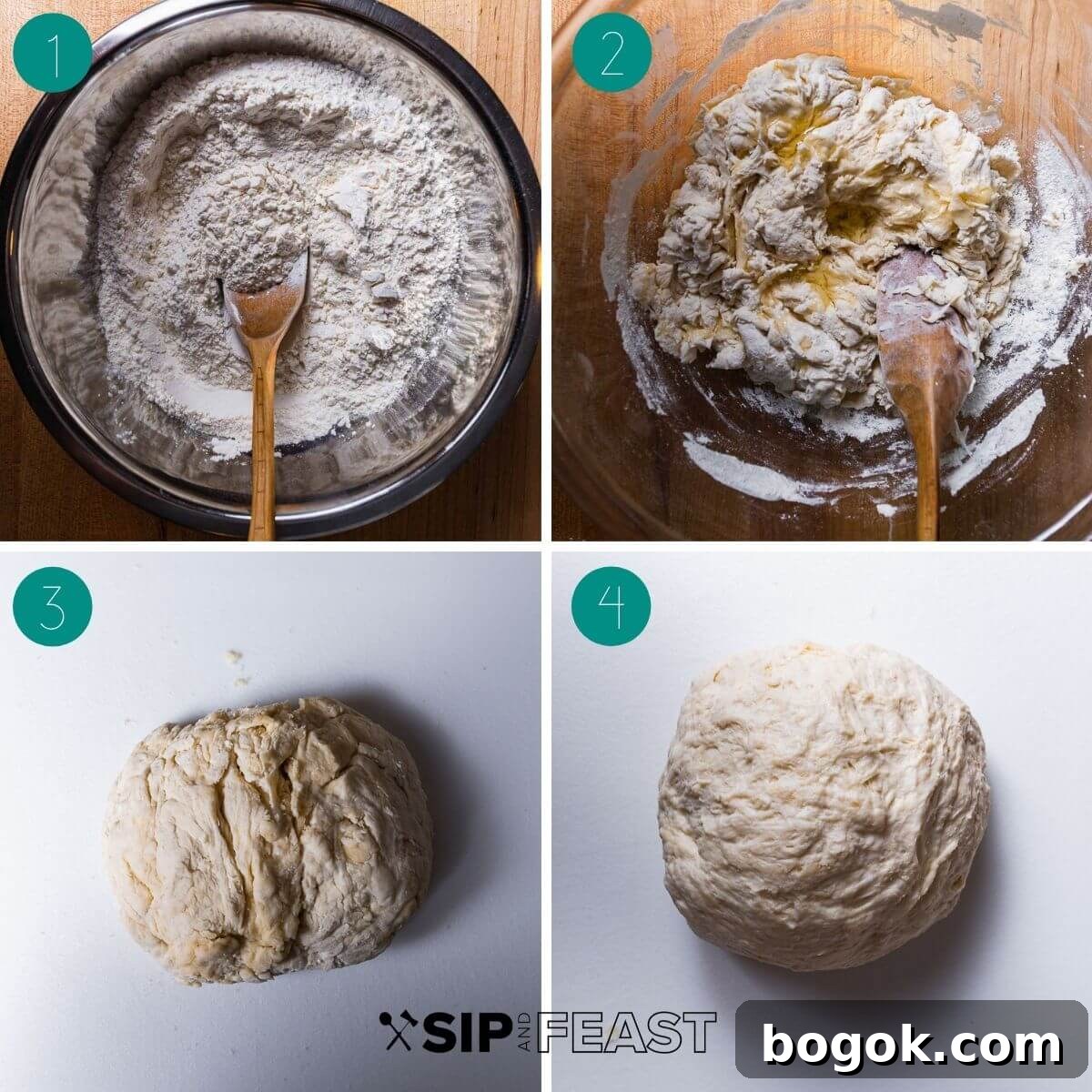Crispy Cast-Iron Skillet Pizza Recipe 4 Cast iron pan pizza recipe dough process shot collage.