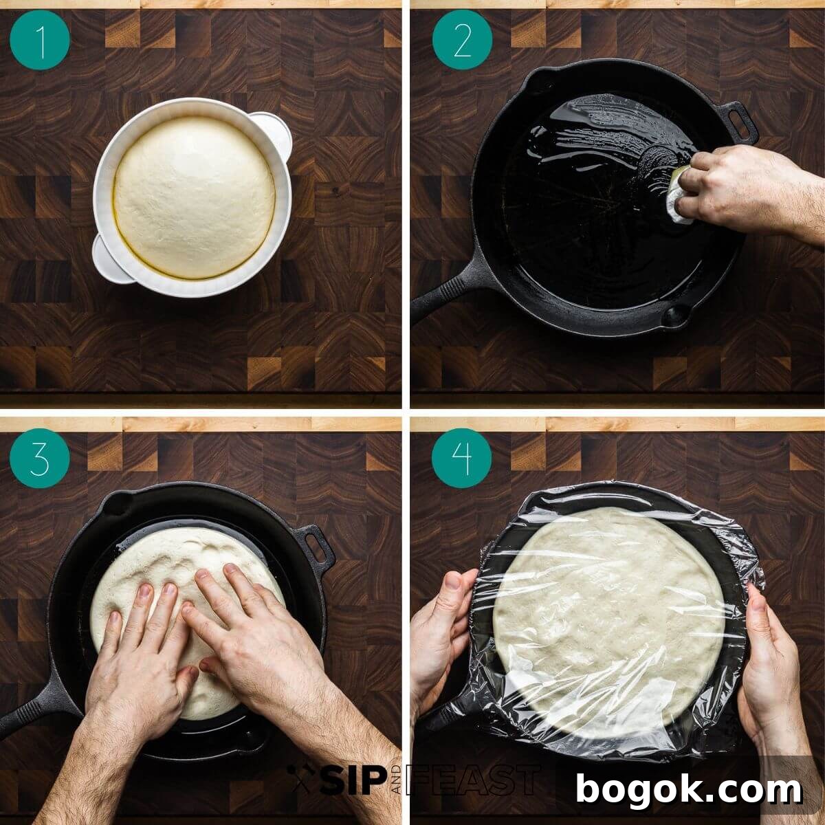 Crispy Cast-Iron Skillet Pizza Recipe 5 Cast iron pan pizza recipe process shot collage group number one.