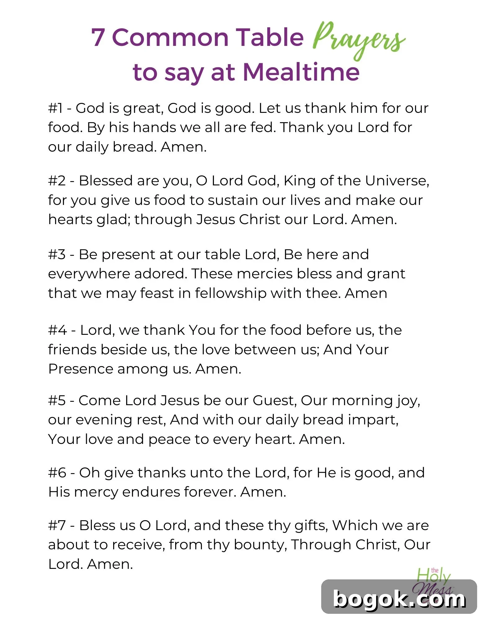 Common Table Prayers - Free Printable