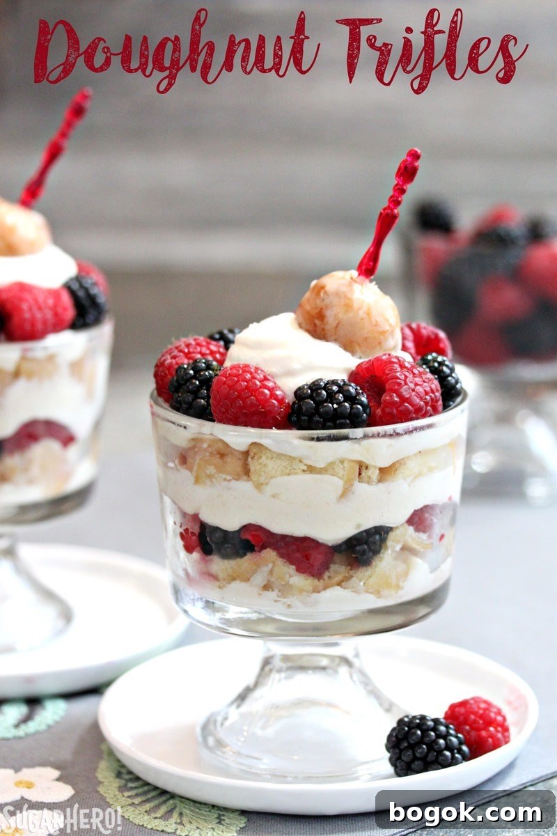 Doughnut Trifles - the BEST way to make a trifle! Layer doughnuts, cream, and fresh berries for a quick, easy, and delicious treat! | From SugarHero.com Doughnut Trifles | From SugarHero.com