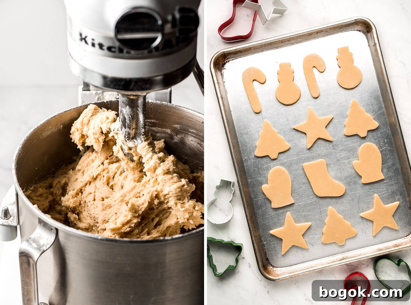 Christmas Sugar Cookie Recipes for Festive Decorating and Gifts 5 Sugar cookie dough in a KitchenAid mixer and cut out dough on a pan.