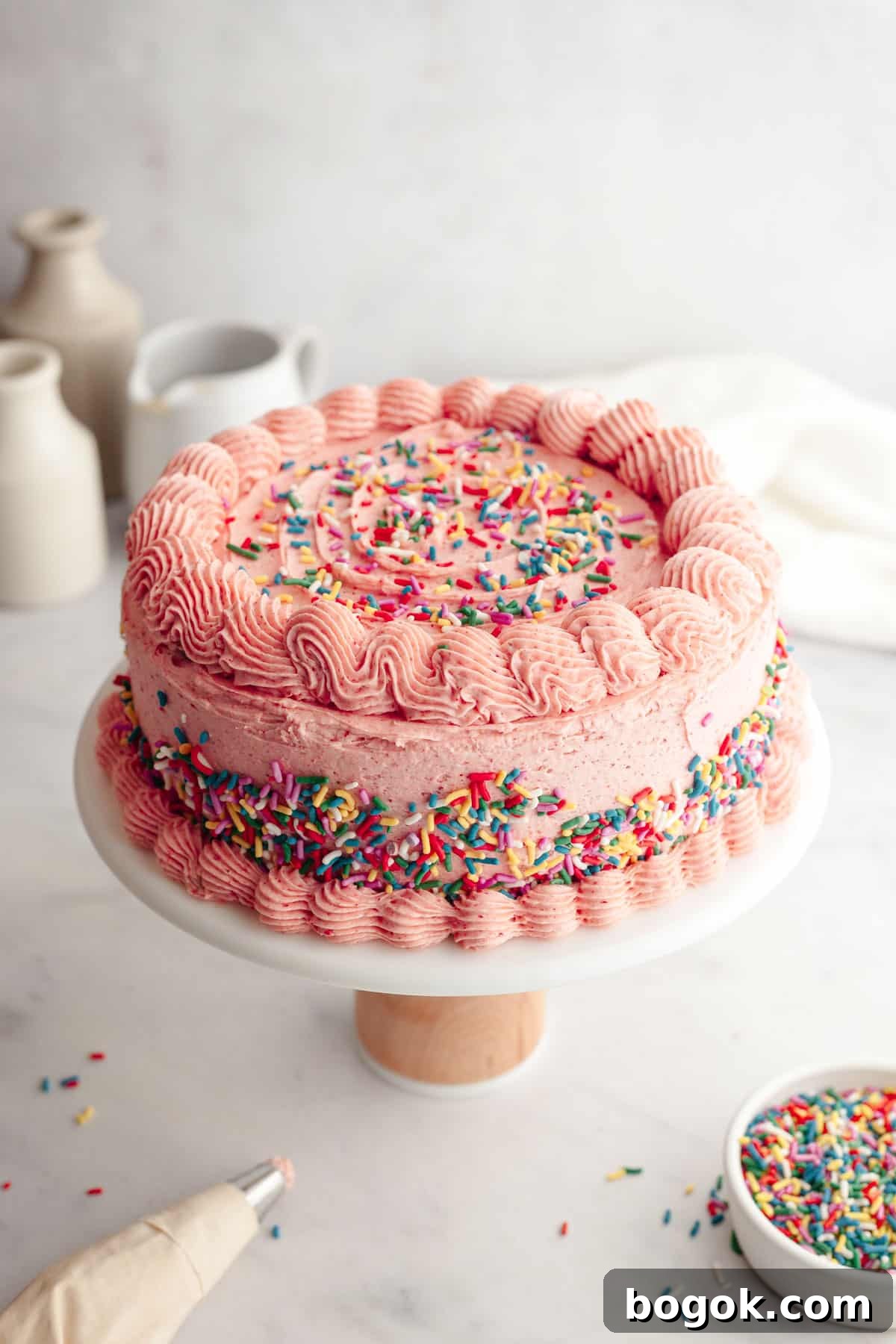 A strawberry frosted cake decorated with sprinkles on a white cake stand.