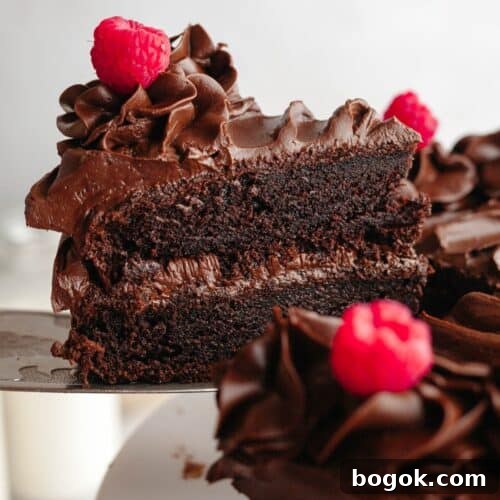 A slice of chocolate cake with chocolate ganache being lifted out with a silver cake server.
