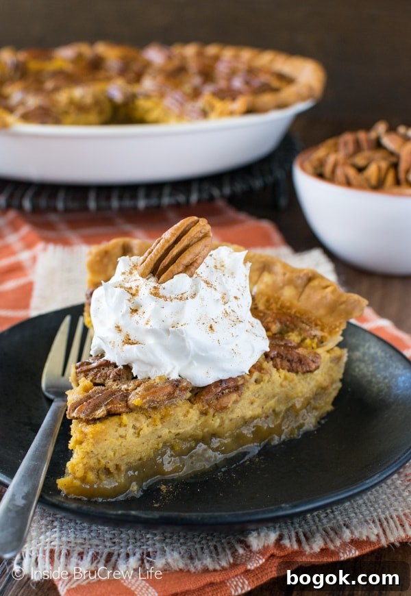 A black plate with a slice of pumpkin cheesecake pecan pie topped with whipped cream and pecans on it.