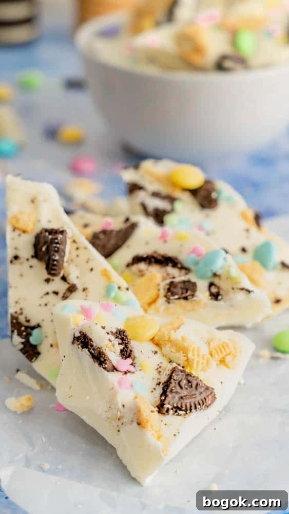 Easter Bunny Bark propped on top of each other with a bowl of bark in the background.