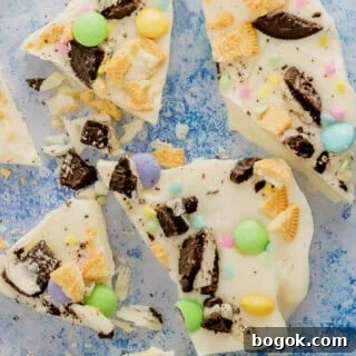 Easter Bark with Chocolate and Golden Oreos, pastel M&M's, and sprinkles.