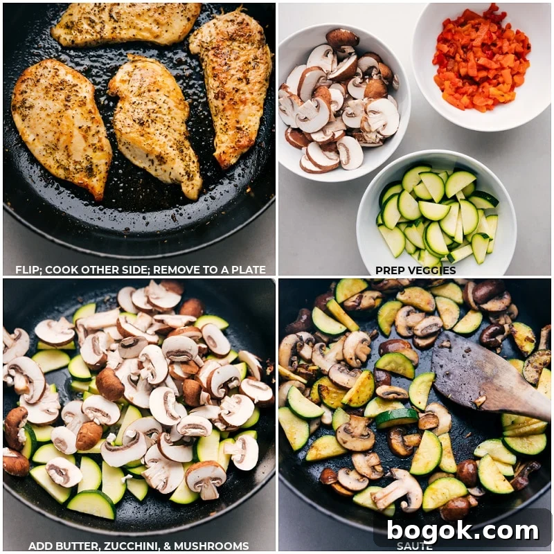 Process shots of creamy chicken-- images of the chicken being cooked and the veggies being added in and sautéed 
