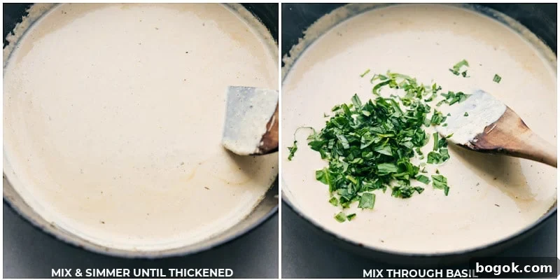 Process shots of creamy chicken-- images of the sauce being thickened and the basil being added in